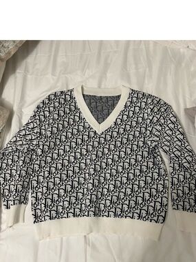 Dior Black & White V-Neck Monogram Knit Sweater